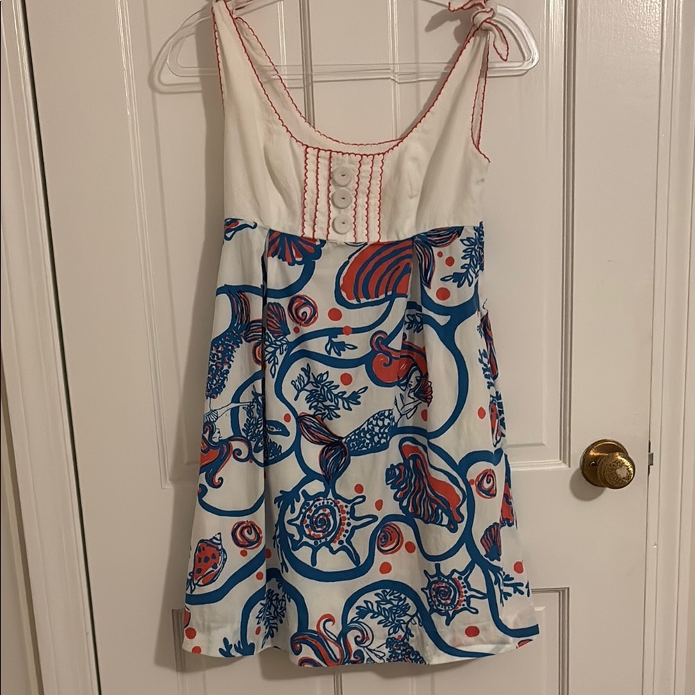 Chic White and Blue Dress with Pink Accents- has pockets!!